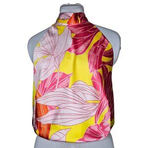 ⭐Sigrid Olsen L Pink Yellow Tropical Floral Satin Halter Top Island Girl Smocked